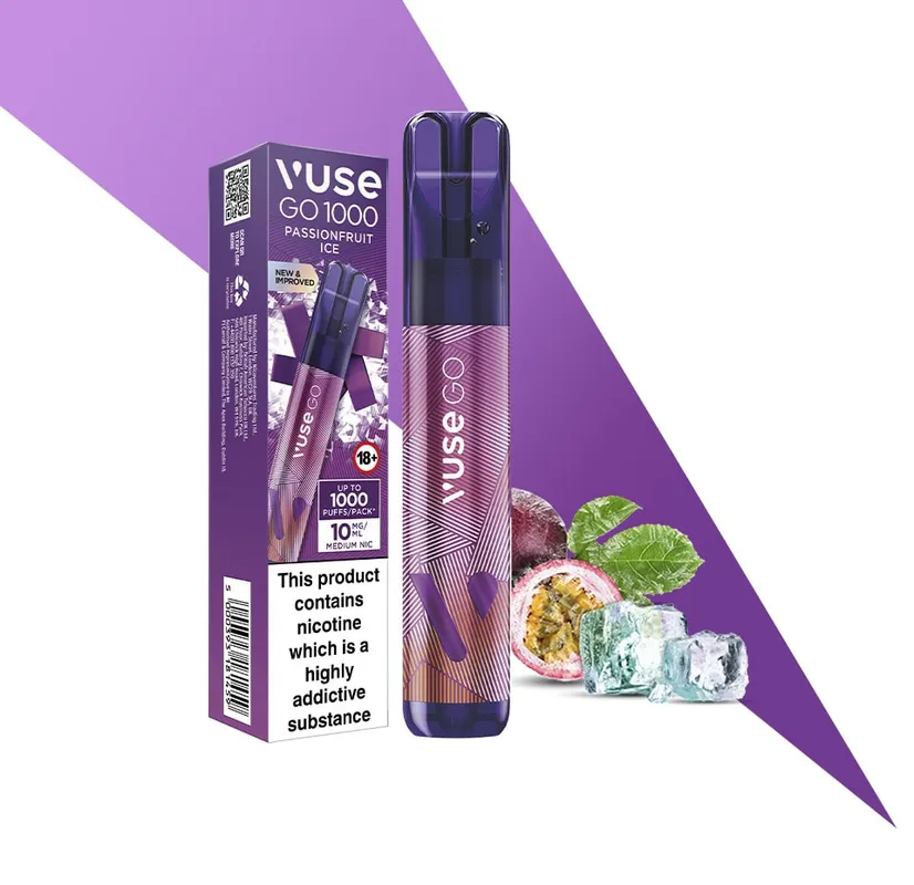 Disfruta de hasta 1000 caladas con el Vuse GO 1000 Passionfruit Ice. Sabor exótico a maracuyá con un toque mentolado, 20 mg/ml de nicotina y diseño compacto para una experiencia de vapeo práctica y refrescante